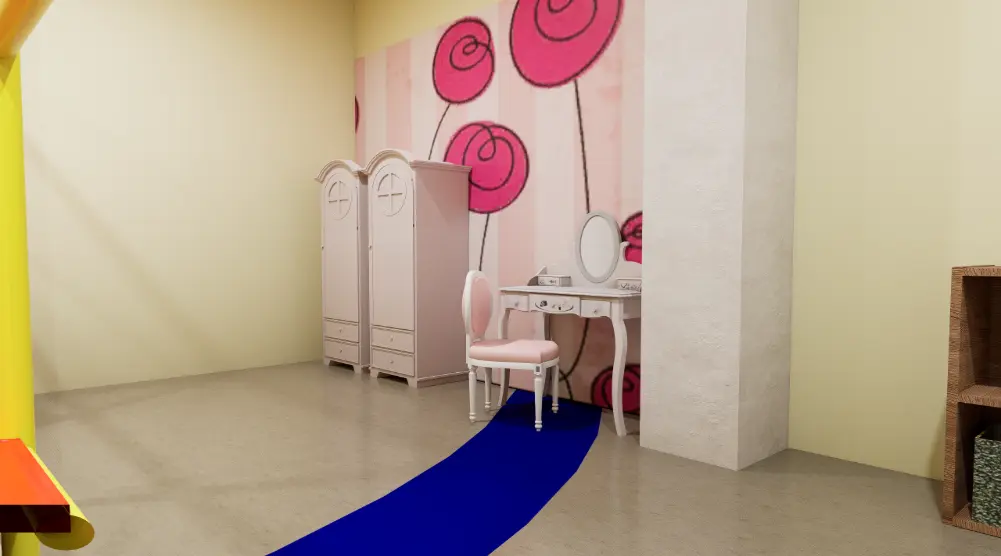 Children’s pretend-play corner with wardrobes, a dressing table, mirror, chair and decorative wall background