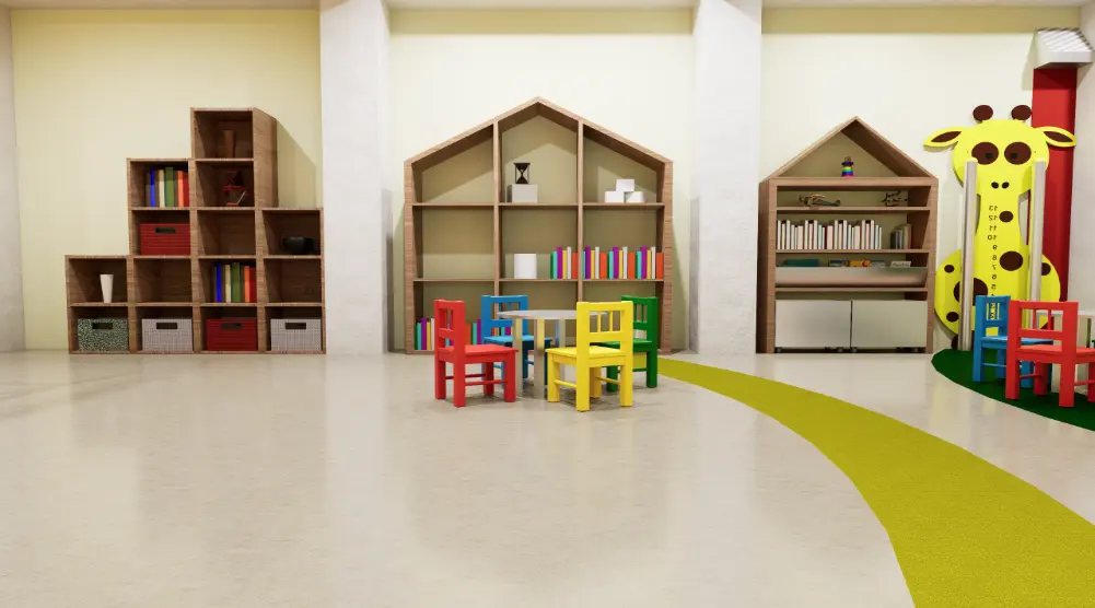 Indoor reading corner with house-shaped bookshelves, storage units, colorful books, children’s tables, chairs and giraffe height chart