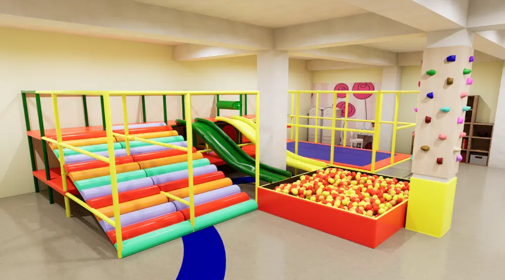 Indoor soft-play structure with colorful roller climbing steps, slides, padded platforms, ball pit and nearby climbing column