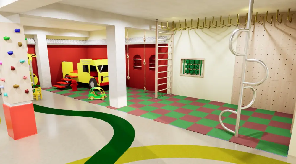 3D indoor playground with climbing columns, a central balance activity, soft play, children’s furniture and fire-rescue role-play area