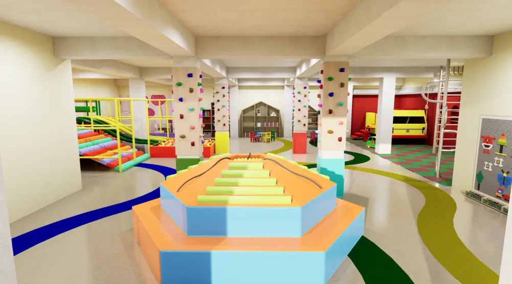 Central raised balance structure surrounded by climbing columns, soft-play equipment, activity furniture and colorful floor pathways