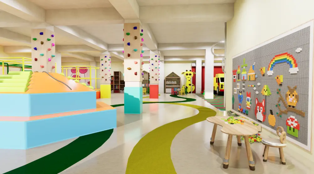 Creative indoor play area with a large activity wall, children’s table, colorful pieces and nearby climbing columns