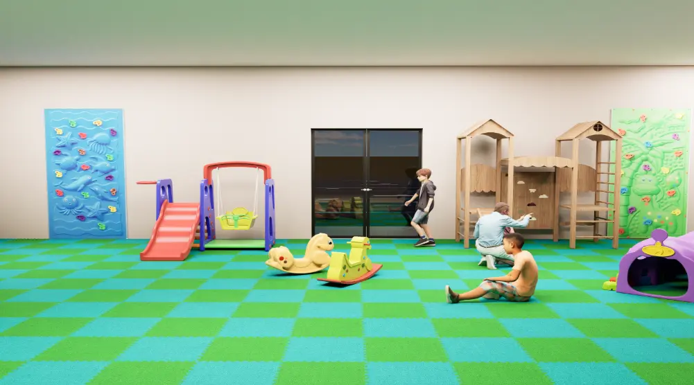 Wide 3D view of an indoor playground with a toddler slide, swing, rocking toys, wooden climbing frame, tunnel and climbing walls