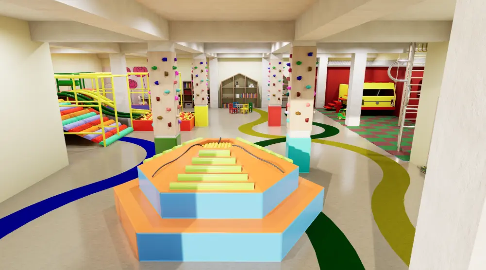Wide view of a 3D indoor playground with a central balance structure, climbing columns, soft play, reading areas and role-play zones