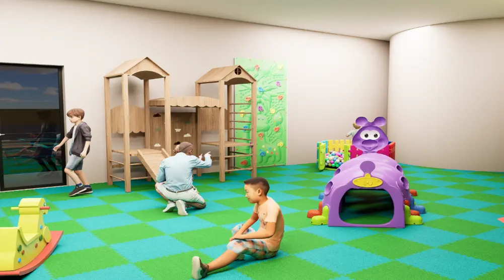 3D indoor playground featuring a wooden climbing structure, access ramp, activity tunnel, ball pool and interlocking safety flooring