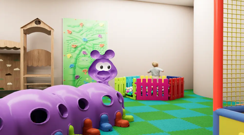 3D indoor soft-play design with a purple activity tunnel, enclosed ball pool, climbing wall and padded safety flooring