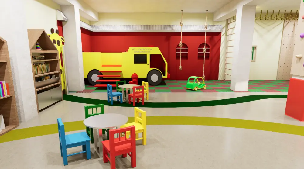 Indoor role-play area with a fire rescue vehicle, climbing ropes, children’s tables, bookshelves and colorful floor pathways