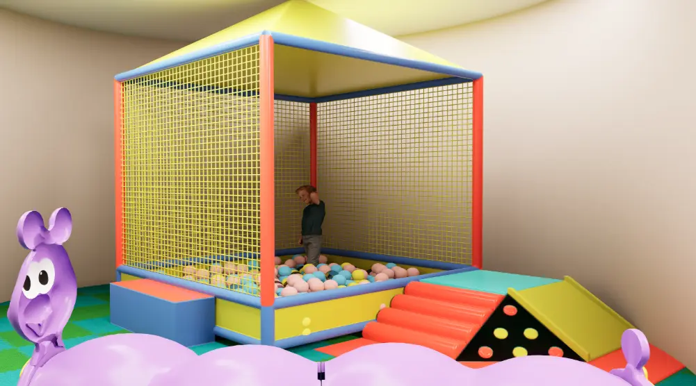 Indoor ball pit with safety netting, soft climbing steps, padded ramp and colorful interlocking foam flooring