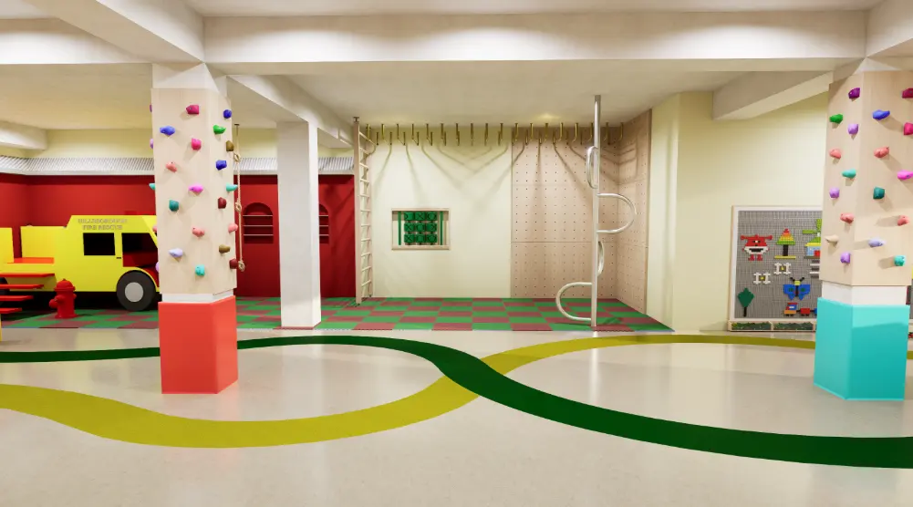 Indoor climbing area with overhead bars, wall climbing panels, ladders, ropes, climbing columns and foam safety flooring
