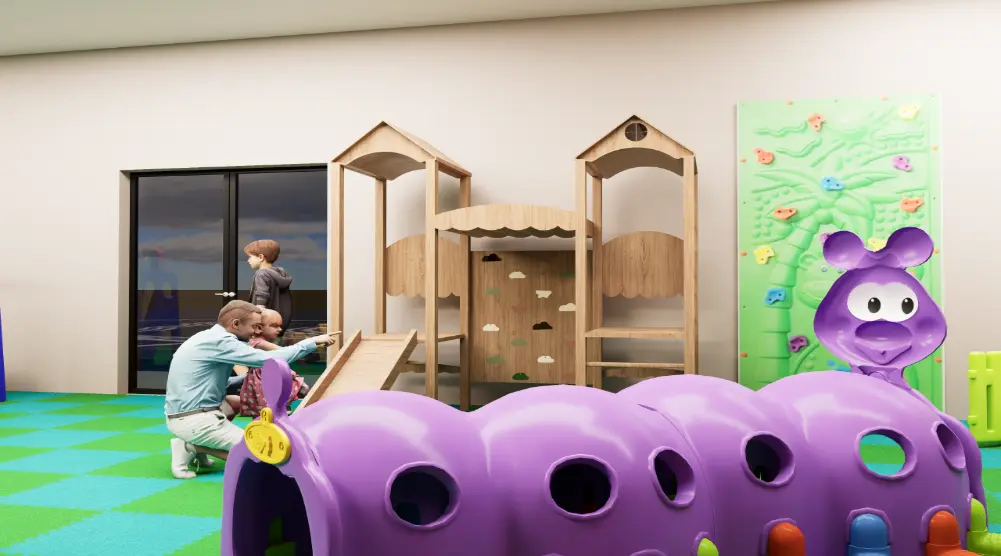 3D indoor playground with a wooden climbing frame, activity ramp, wall climbing panel and purple crawling tunnel