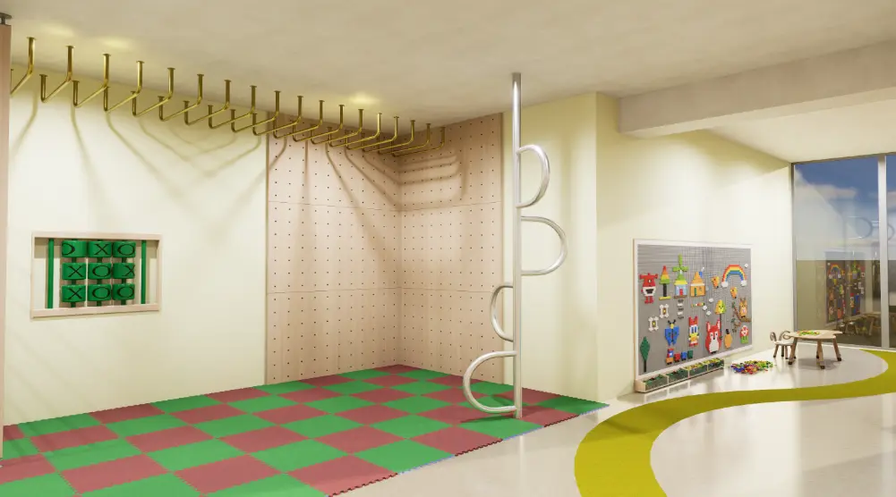 Indoor playground with an overhead climbing frame, peg climbing wall, curved metal ladder and interactive creative activity panel