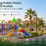 Park development Saudi Arabia project with playground equipment, outdoor fitness, shaded seating, walking paths and landscaped public spaces.