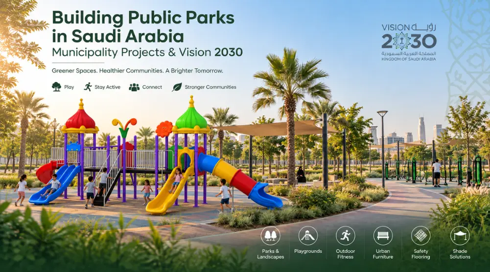 Park development Saudi Arabia project with playground equipment, outdoor fitness, shaded seating, walking paths and landscaped public spaces.