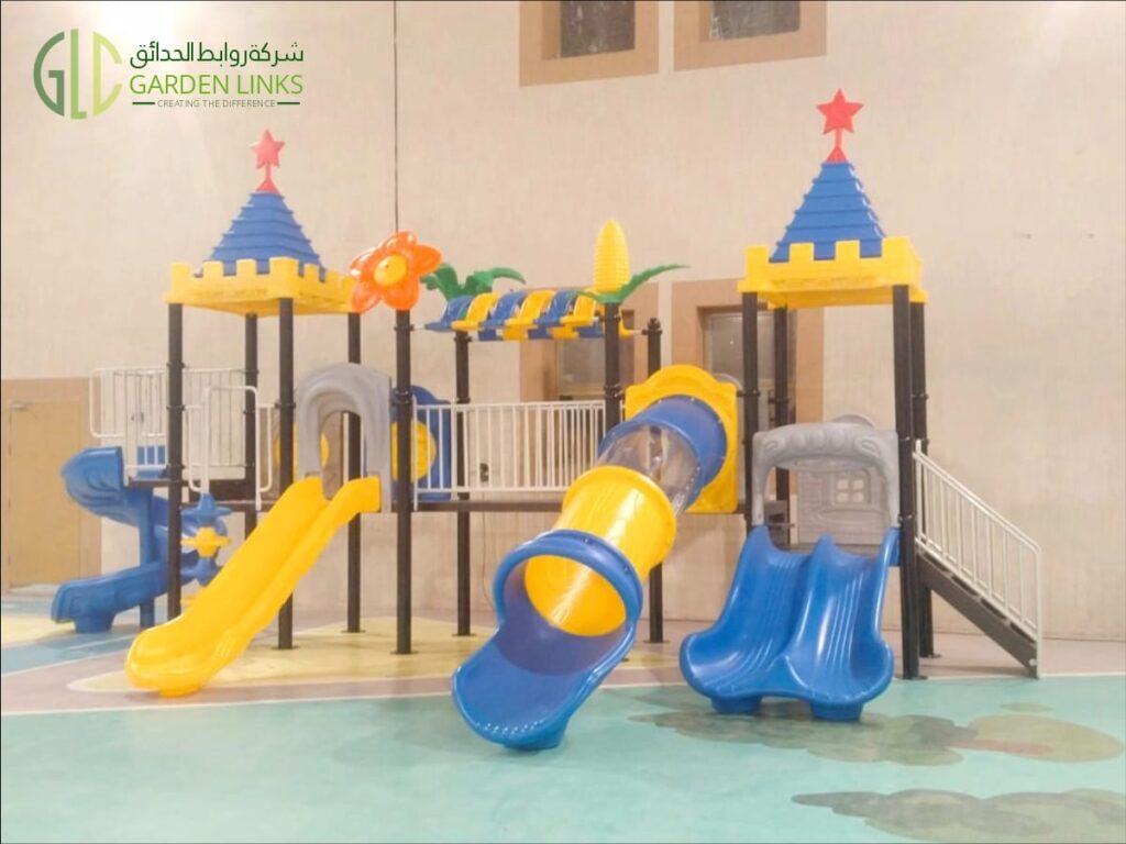 School playground equipment installed in Al Mahdiyah, Riyadh with straight, spiral, tube and double slides.
