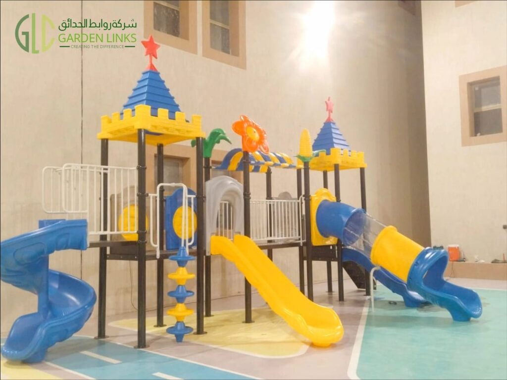 School playground equipment installed in Al Mahdiyah, Riyadh with straight, spiral, tube and double slides.