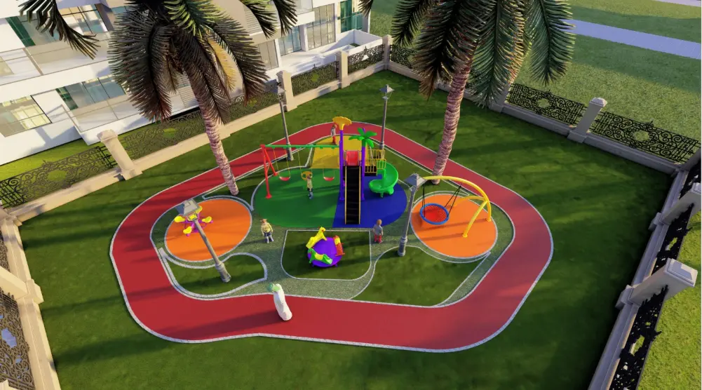 Aerial view of a residential outdoor playground with a multi-play structure, swings, basket swing, roundabout and spring riders