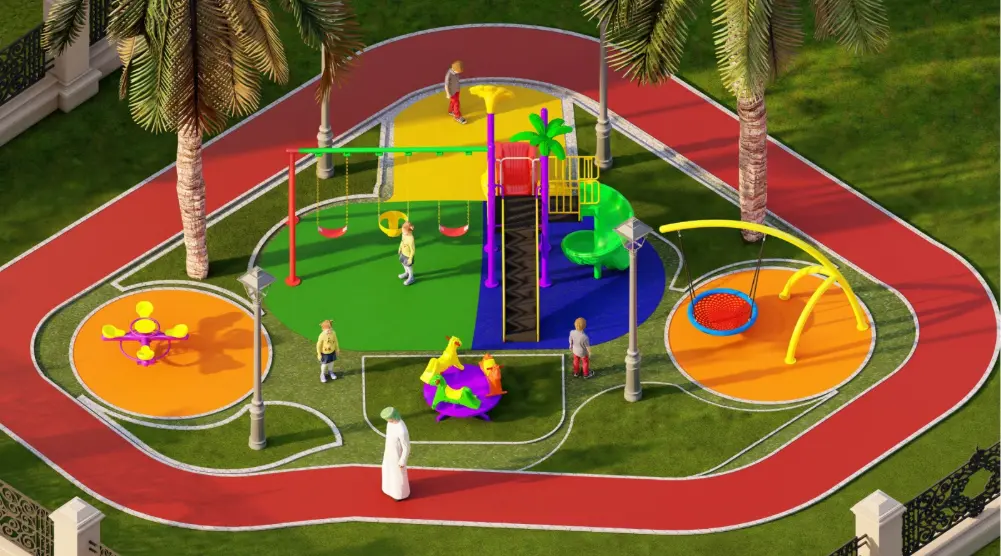 Residential playground design featuring a children’s slide, double swing, basket swing, roundabout, spring riders and rubber safety flooring