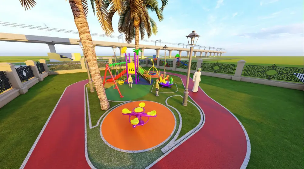 Elevated view of a residential outdoor playground with a roundabout, slides, swings, spring riders and a colorful walking path
