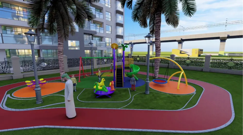 Residential outdoor playground with a multi-play structure, spiral slide, swings, basket swing, spring riders and surrounding pathway