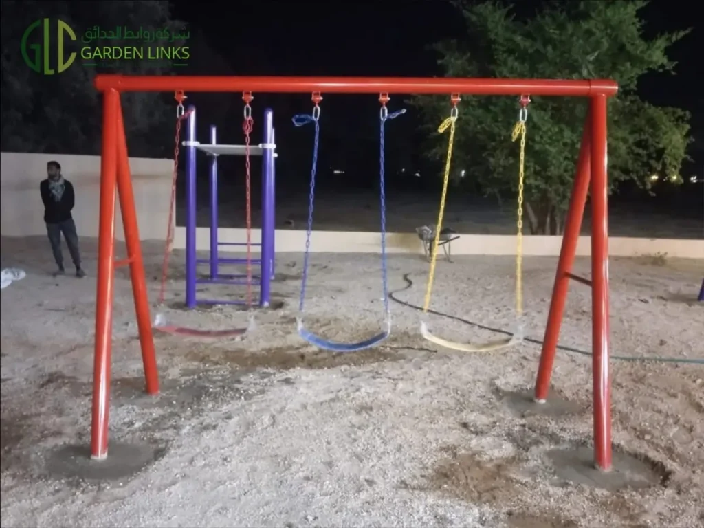 Three-seat outdoor swing installed for a home playground in Hati, Saudi Arabia.
