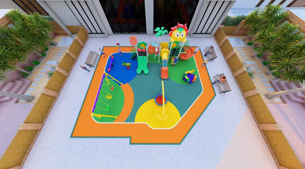 Complete overhead view of a residential outdoor playground with slides, swings, basket swing, seesaw, spring rider and colorful safety flooring