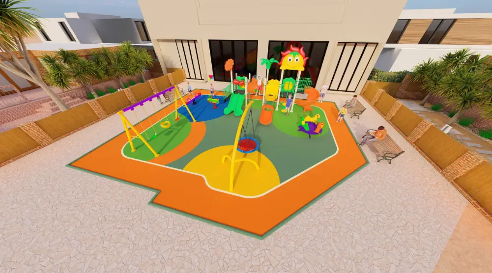 Elevated front view of a residential outdoor playground with multi-play slides, swing set, basket swing, seesaw and spring rider