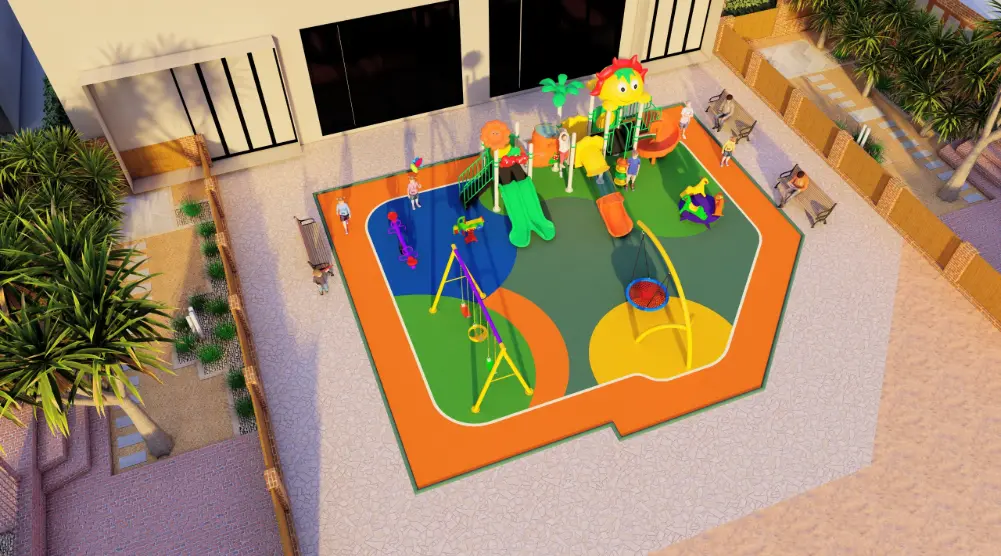 Angled aerial view of a 15 × 10 m residential playground with slides, swings, basket swing, seesaw and spring rider