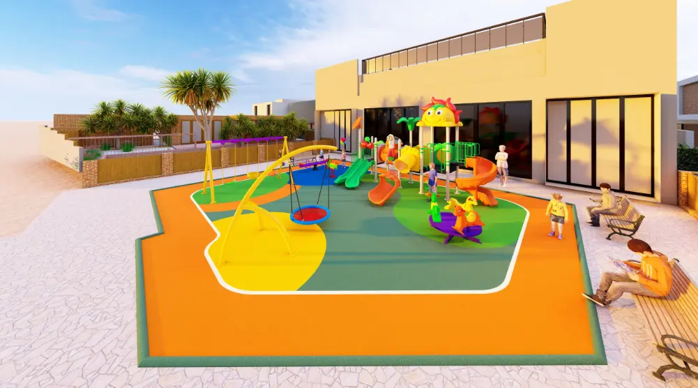 Side view of a residential outdoor playground featuring colorful slides, swings, basket swing, spring rider, safety flooring and benches