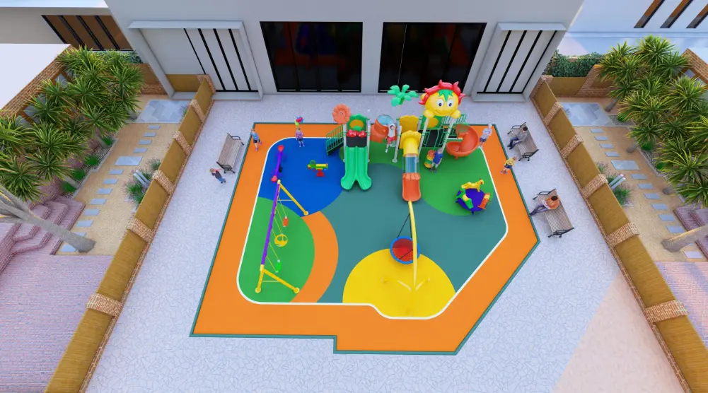 High aerial view of a residential playground with multi-play equipment, slides, swings, basket swing, seesaw and outdoor seating