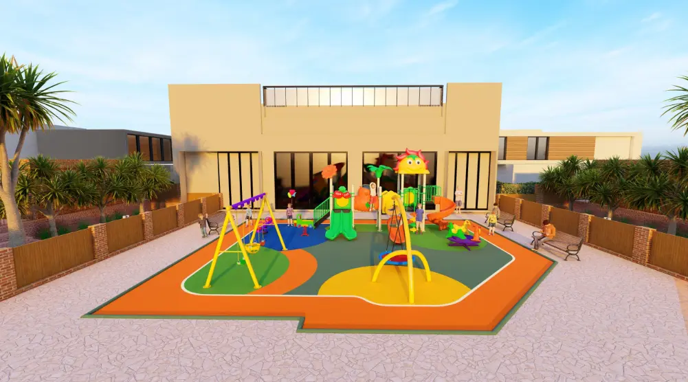 Front view of a 15 × 10 m residential outdoor playground with colorful slides, swings, basket swing, spring riders and safety flooring