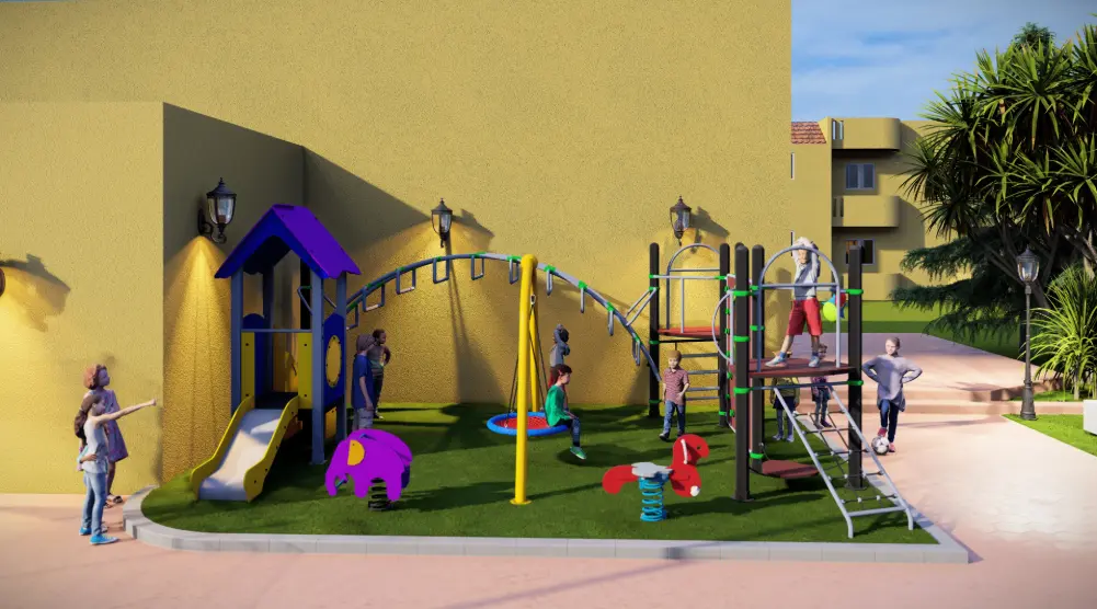 Front view of alternative 7 × 5 m playground design with swings, slide and climbing frame