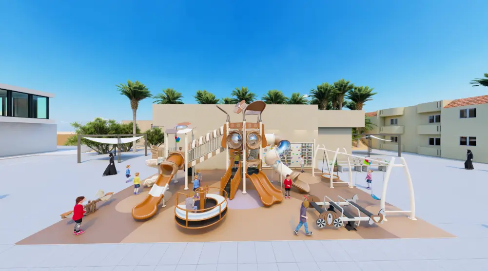 Aerial view of rectangular outdoor adventure playground and landscaped activity area