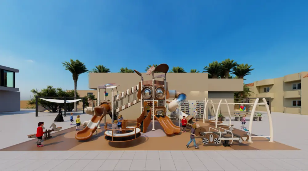 Close view of outdoor adventure playground tower with slides, swings and climbing activities