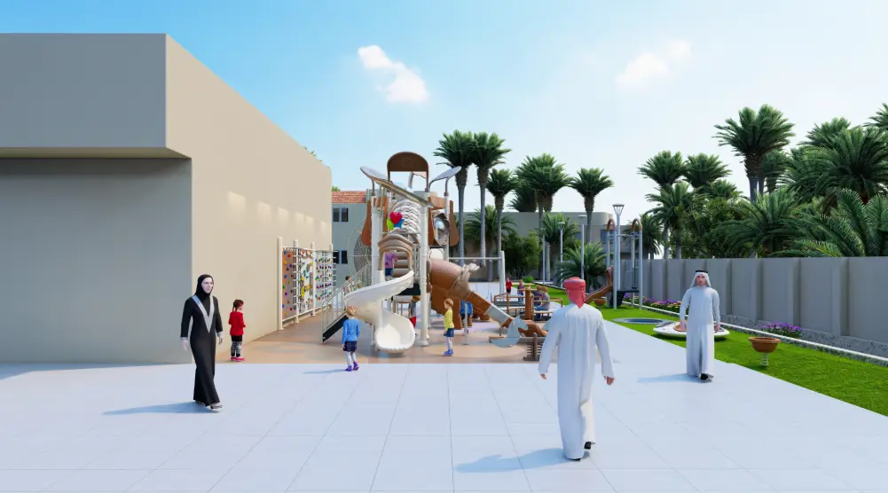 Sunlit front view of 14 × 8 m adventure playground with inclusive play equipment