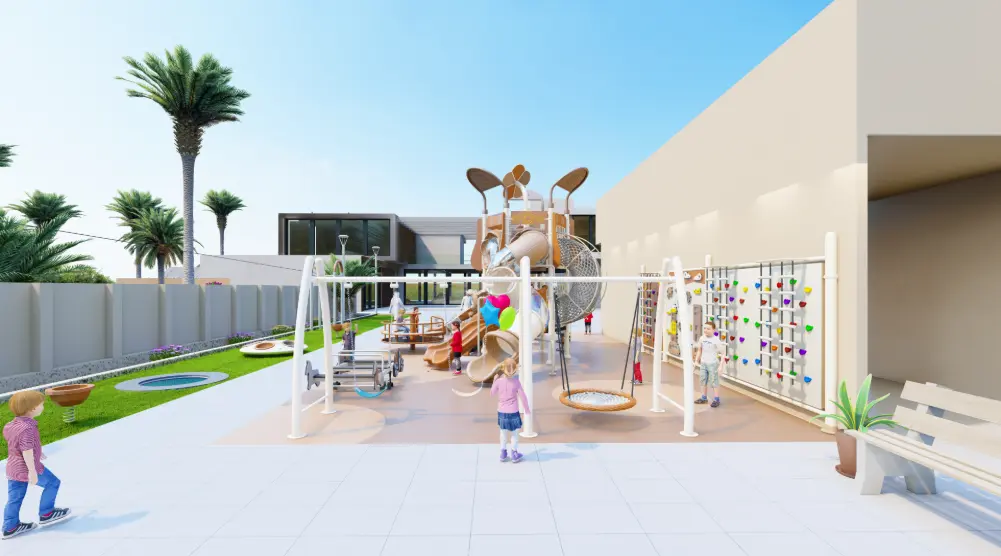 Wide front perspective of outdoor playground with adventure tower, slides and swings