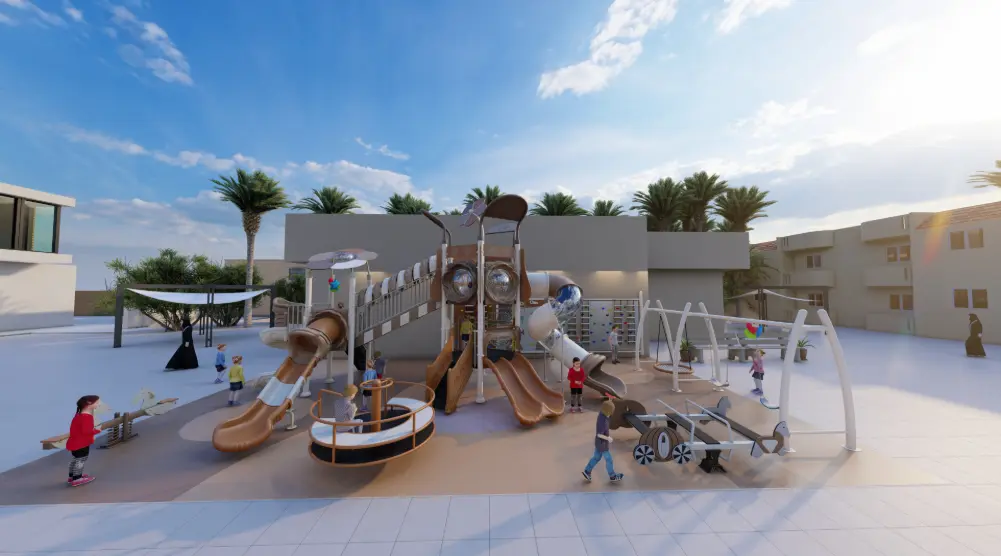 Side entrance view of rectangular outdoor playground with climbing wall and play tower