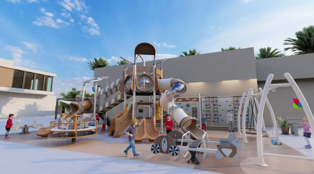 Front view of outdoor adventure play structure with slides and inclusive playground equipment