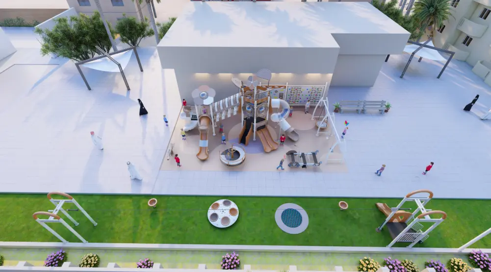 Wide view of 14 × 8 m outdoor playground with adventure play tower, slides and swings