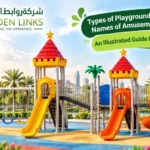 Types of playground equipment in a modern Saudi park with slides, swings, climbing ladder and connected play towers