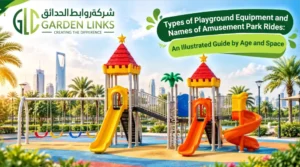 Types of playground equipment in a modern Saudi park with slides, swings, climbing ladder and connected play towers