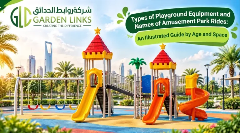 Types of playground equipment in a modern Saudi park with slides, swings, climbing ladder and connected play towers