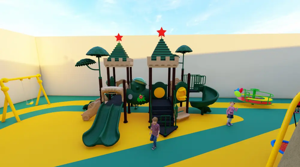 3D outdoor playground design featuring two elevated play towers, multiple slides, swings, a roundabout and colorful safety flooring