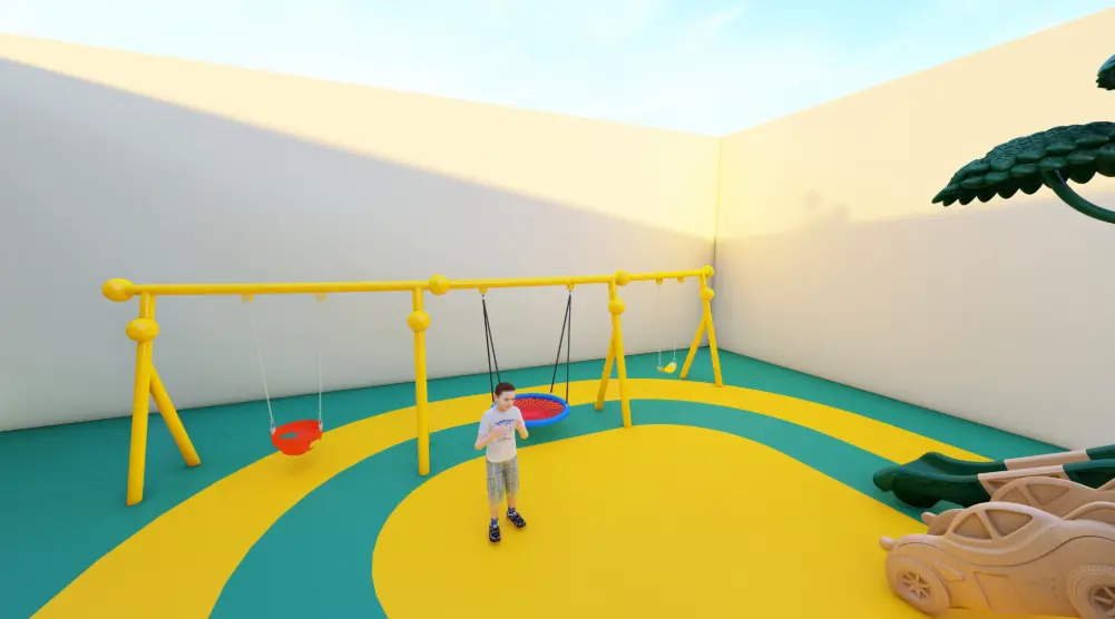 3D outdoor playground swing area with standard swings, a basket swing, colorful safety flooring and nearby children’s slides