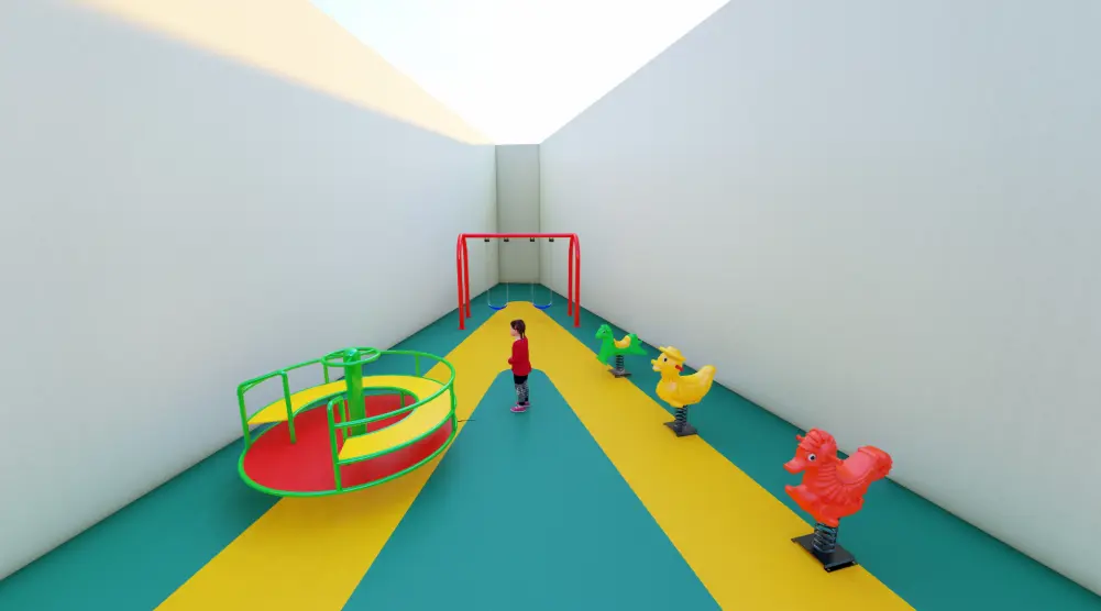 3D playground layout featuring a children’s roundabout, animal spring riders, a swing set and colorful outdoor safety flooring