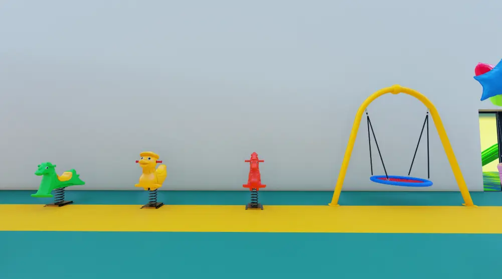3D outdoor playground area with three animal spring riders, a circular basket swing and yellow and green safety flooring