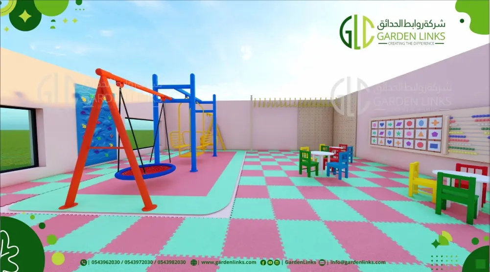 Wide view of 18 × 10 m kids’ interactive play area with swings, climbing frame and activity tables