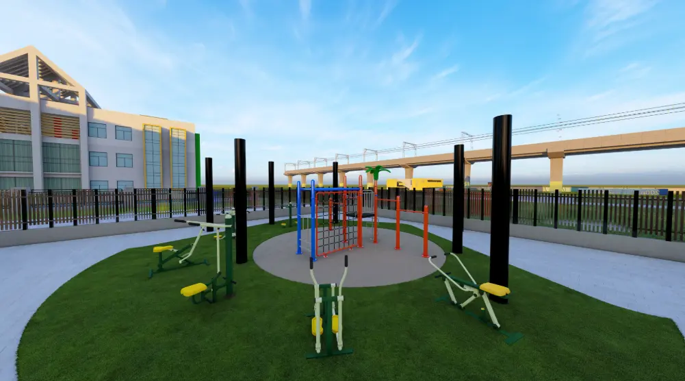 Wide view of outdoor fitness area with pull-up bars and multiple exercise stations
