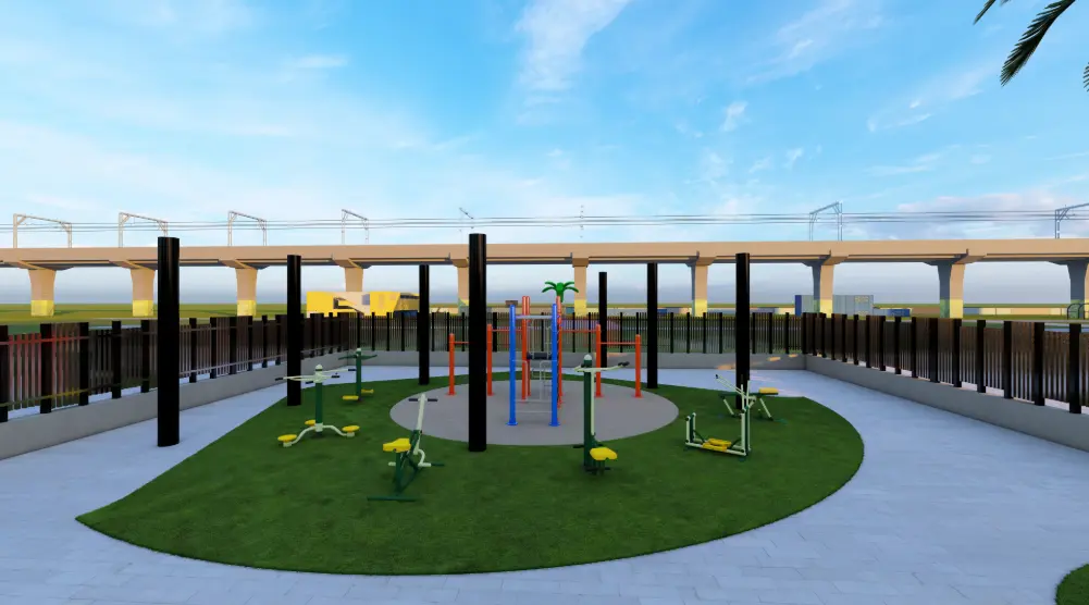 Front view of 13 × 11 m outdoor fitness area with calisthenics equipment