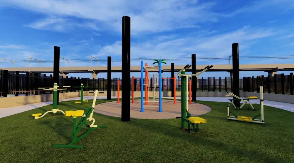 Close view of outdoor fitness stations with pull-up and climbing bars