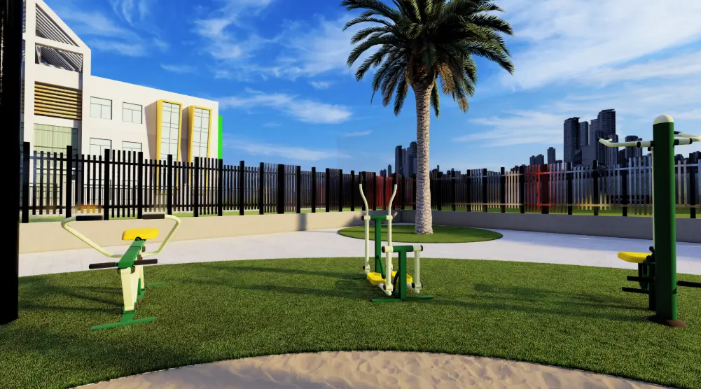 Outdoor exercise equipment arranged on artificial grass in a 13 × 11 m fitness area